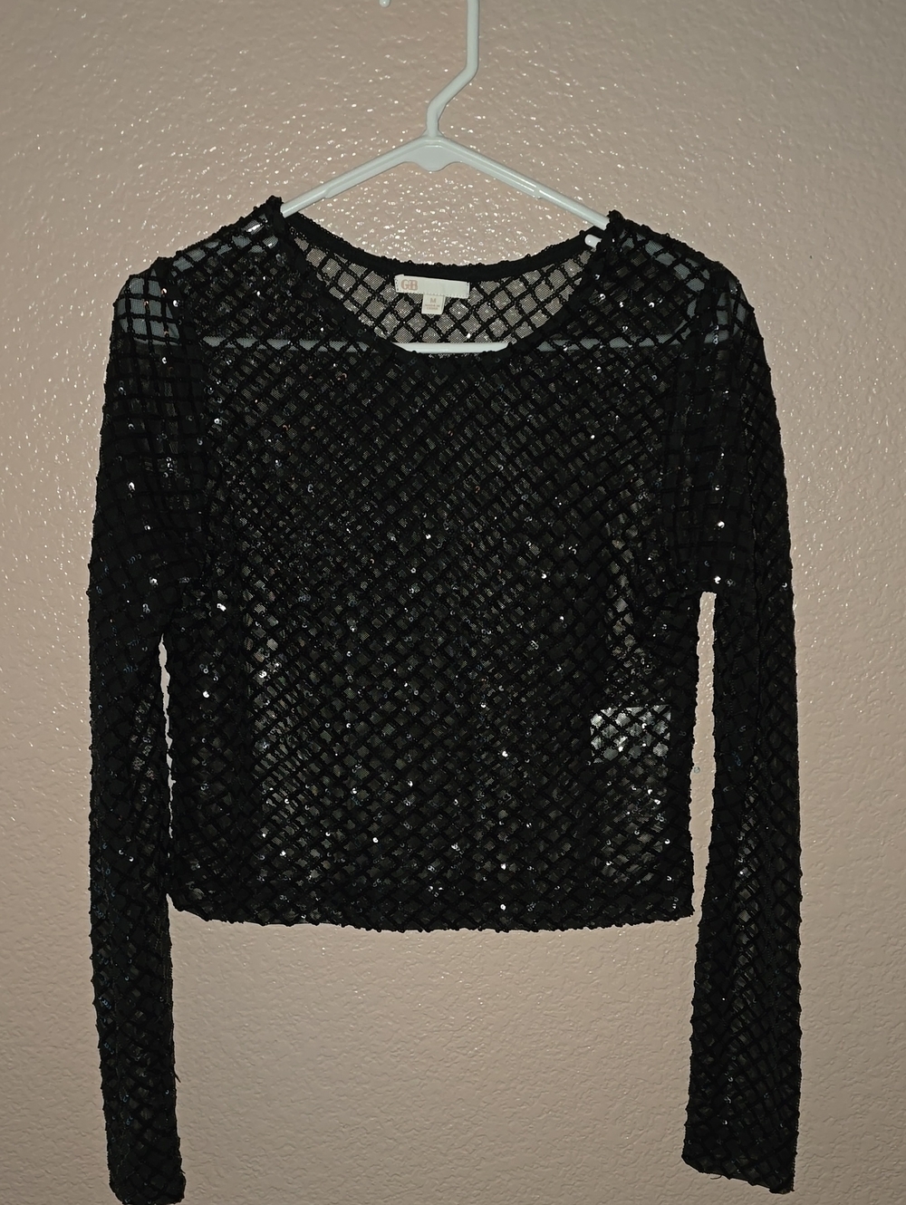 GBG Los Angeles Black Sequin Grid Long-Sleeve Crop Top